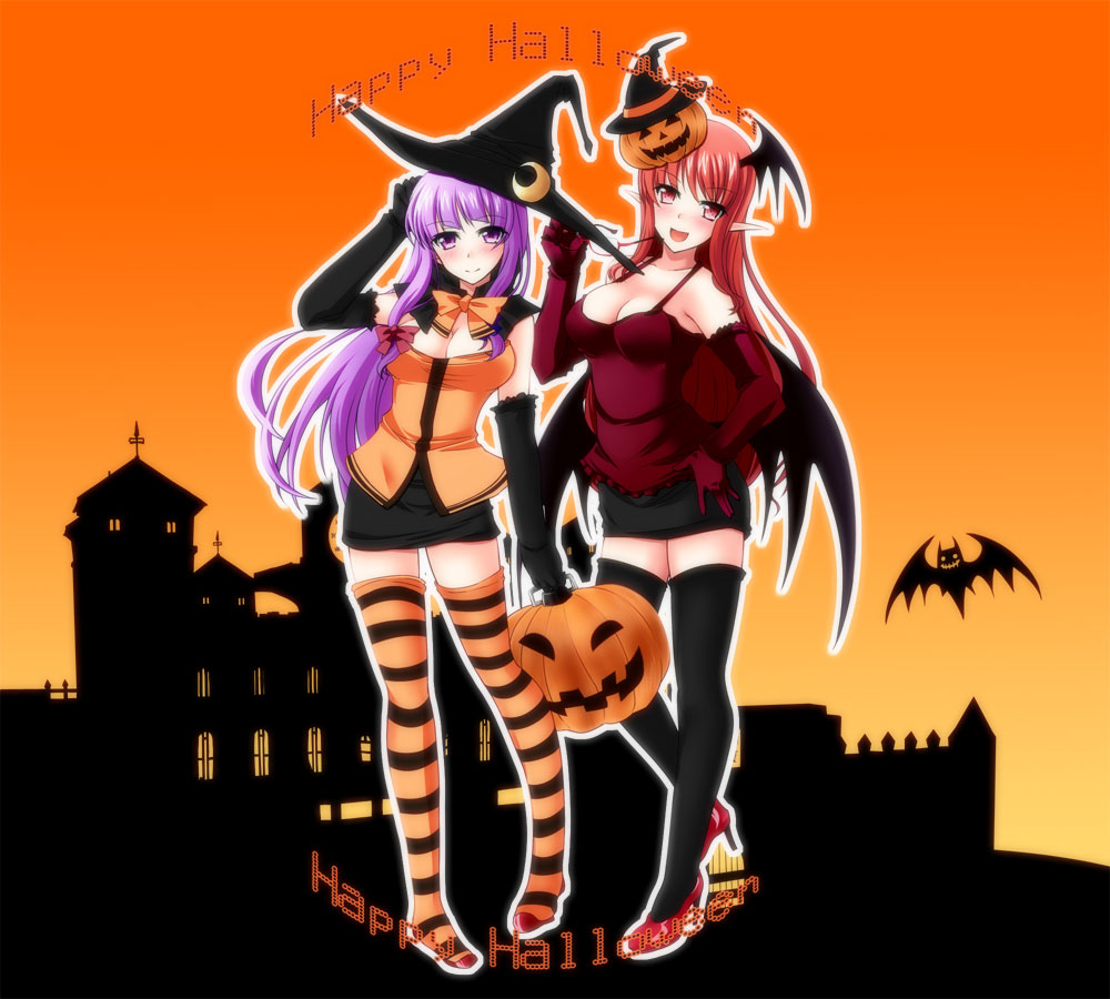 2girls alternate_hairstyle arm_up bat bat_wings black_gloves black_legwear blush breasts cleavage crescent elbow_gloves full_body glasses glasses_removed gloves gradient gradient_background hair_ornament hair_ribbon halloween halloween_costume happy_halloween hat head_wings high_heels jack-o'-lantern koakuma looking_at_viewer miniskirt multicolored_legwear multiple_girls open_mouth orange_background patchouli_knowledge pointy_ears purple_hair red-framed_glasses red_eyes red_gloves redhead ribbon shirt skirt sleeveless smile striped striped_legwear thigh-highs touhou violet_eyes wings witch_hat yumi_(careca398) zettai_ryouiki