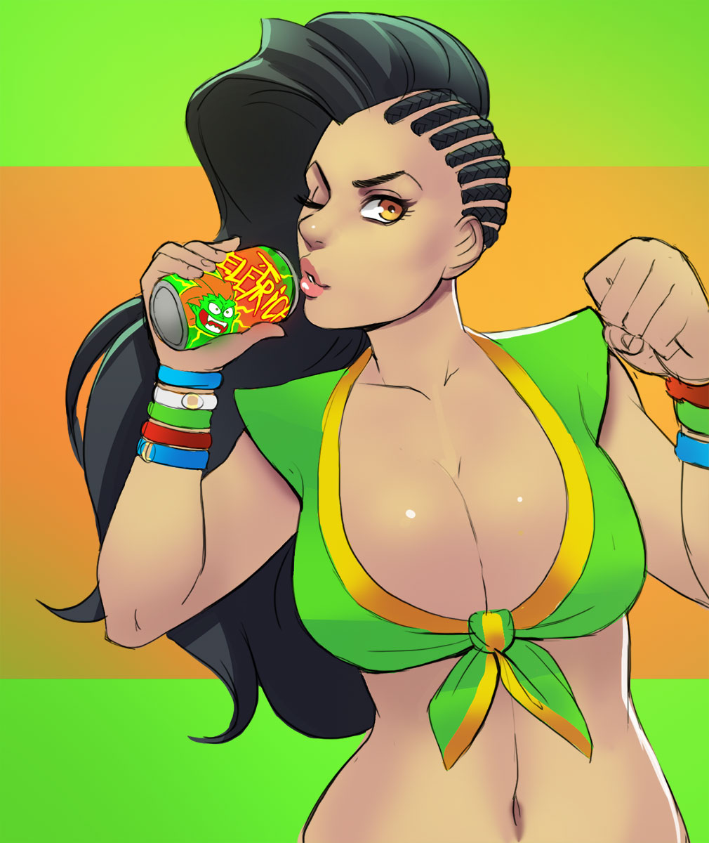 1girl ;) asymmetrical_hair black_hair blanka bracelet breasts brown_eyes cameo cleavage clenched_hand commentary cornrows crop_top dark_skin front-tie_top greenmarine highres jewelry large_breasts laura_matsuda lips long_hair midriff navel nose one_eye_closed smile solo street_fighter street_fighter_v wavy_hair