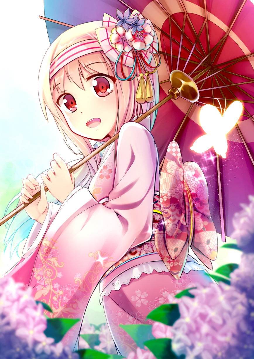 1girl blonde_hair happy_new_year highres japanese_clothes kimono nengajou new_year oriental_umbrella original red_eyes short_hair solo umbrella yan_(nicknikg)