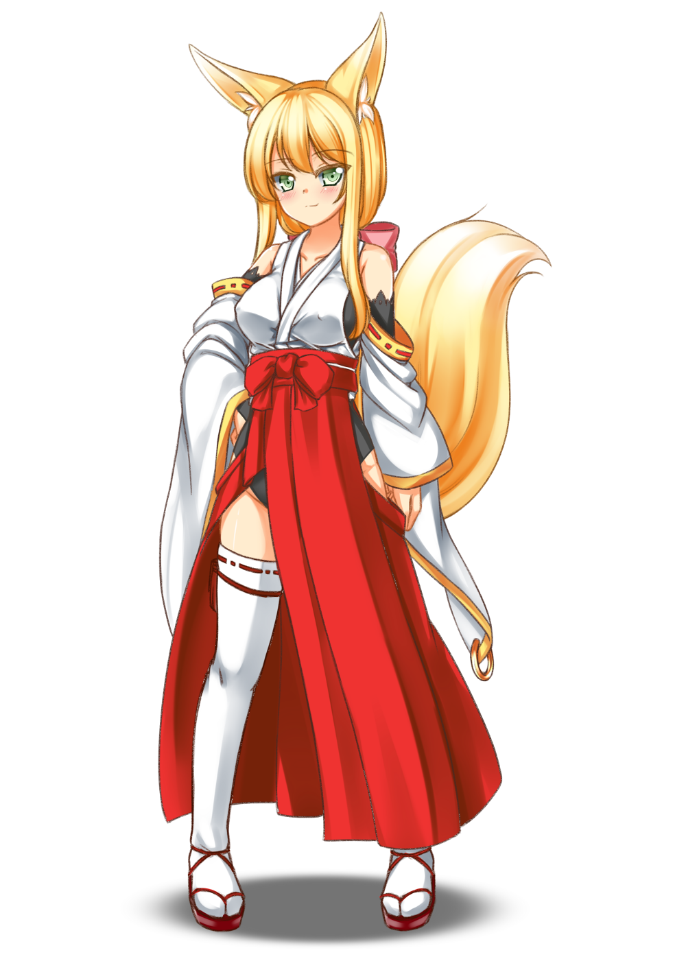 1girl animal_ears blonde_hair blush breasts covered_nipples fox_ears fox_tail full_body green_eyes hand_on_hip highres himeka_chiyako japanese_clothes large_breasts large_ears leotard long_hair looking_at_viewer miko original playjoe2005 ribbon-trimmed_legwear ribbon_trim sandals sideboob simple_background smile solo tail thigh-highs tsurime white_background white_legwear