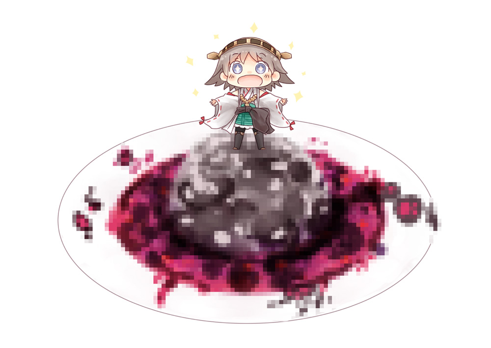 +_+ 1girl :d blue_eyes censored censored_food chibi commentary_request detached_sleeves grey_hair hairband hiei_(kantai_collection) hinata_yuu kantai_collection looking_at_viewer open_mouth outstretched_arms pleated_skirt short_hair skirt smile solo sparkle spread_arms