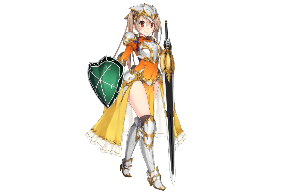 1girl blonde_hair breastplate covered_navel faulds flower_knight_girl gauntlets greaves kuro_chairo_no_neko official_art pauldrons red_eyes shield solo sword tagme twintails weapon