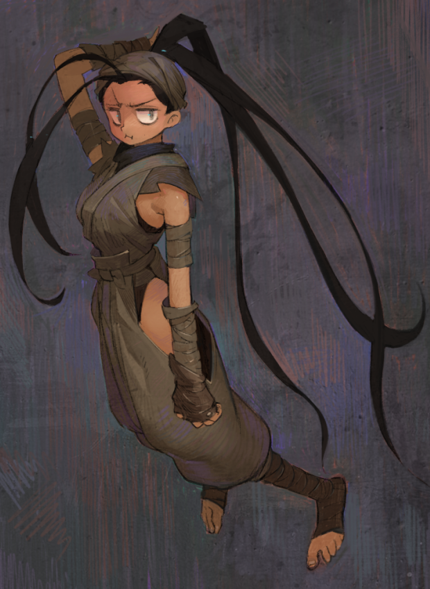 1girl absurdly_long_hair ankle_wraps arm_up artist_request baggy_pants bandaged_arm bandaged_hands bandaged_leg bandana barefoot black_hair grey_eyes hand_behind_head hip_vent ibuki_(street_fighter) long_hair ninja pants ponytail pout sleeveless street_fighter toeless_socks toes torn_clothes very_long_hair