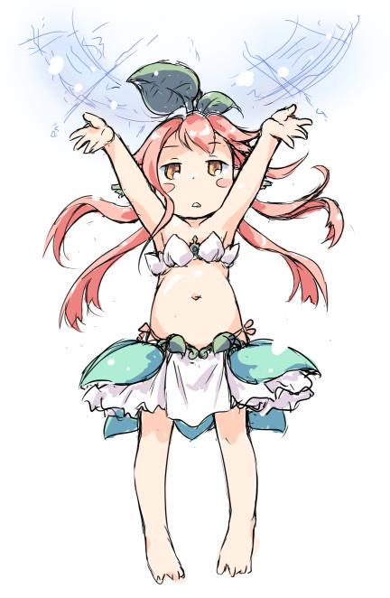1girl arms_up bangs bare_arms bare_legs blush_stickers child commentary energy_ball full_body granblue_fantasy half-closed_eyes ham_(points) leaf leaf_on_head long_hair looking_up miniskirt navel orange_eyes pink_hair pointy_ears simple_background skirt solo standing strapless triangle_mouth white_background white_skirt yggdrasill_(granblue_fantasy) younger