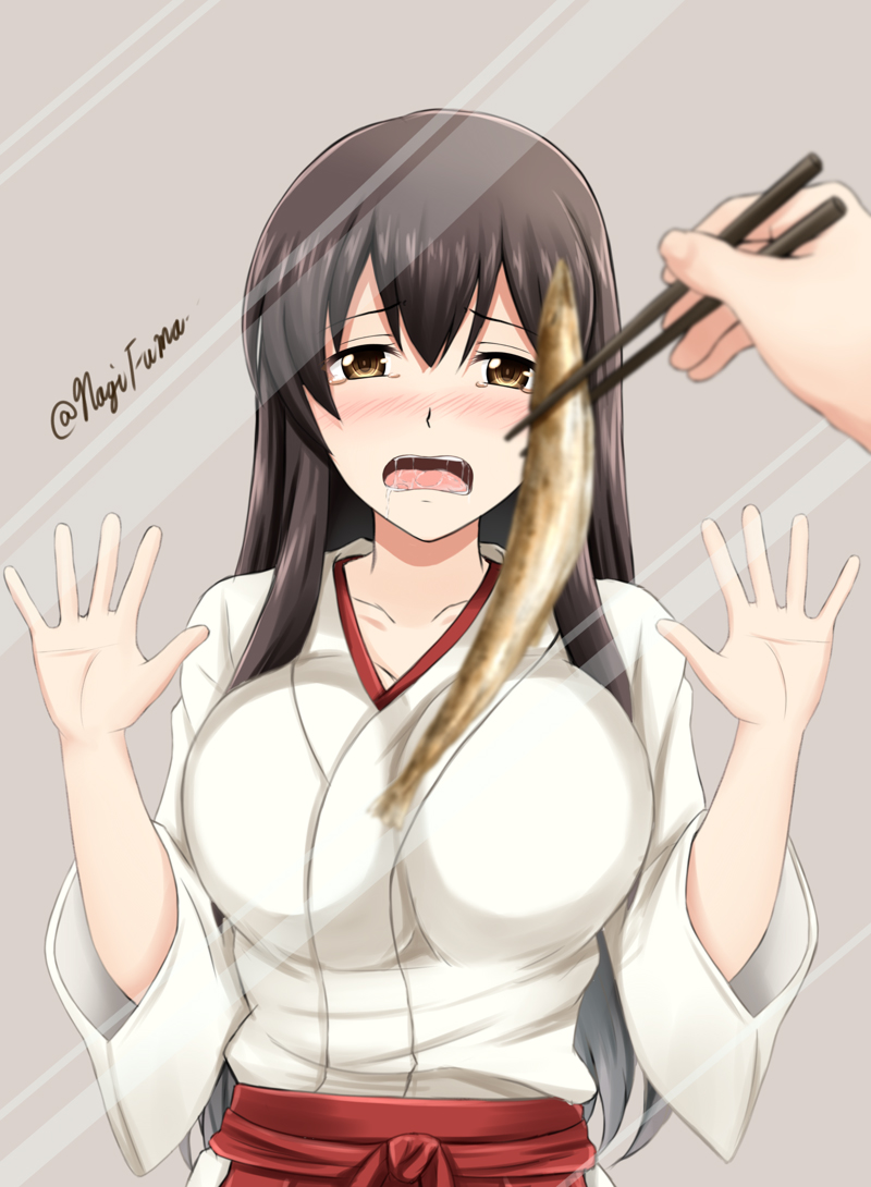 1girl against_glass akagi_(kantai_collection) black_hair blurry blush breast_press breasts brown_eyes chopsticks depth_of_field drooling fish fuuma_nagi hakama holding japanese_clothes kantai_collection large_breasts long_hair looking_at_viewer open_mouth saury twitter_username