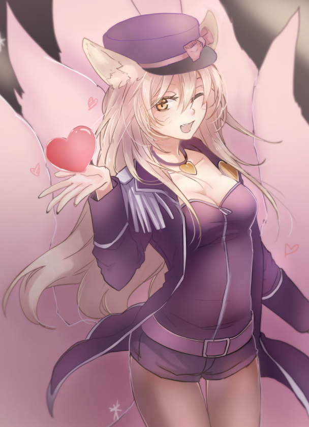 1girl ;d ahri alternate_costume alternate_hairstyle animal_ears bangs belt bow breasts cleavage cowboy_shot epaulettes facial_mark fang fox_ears fox_tail grey_legwear hair_between_eyes hat hat_bow heart jewelry league_of_legends long_hair looking_at_viewer multiple_tails necklace one_eye_closed open_clothes open_mouth orange_eyes pantyhose peaked_cap popstar_ahri riffey short short_shorts shorts silver_hair smile solo tail thigh_gap whisker_markings