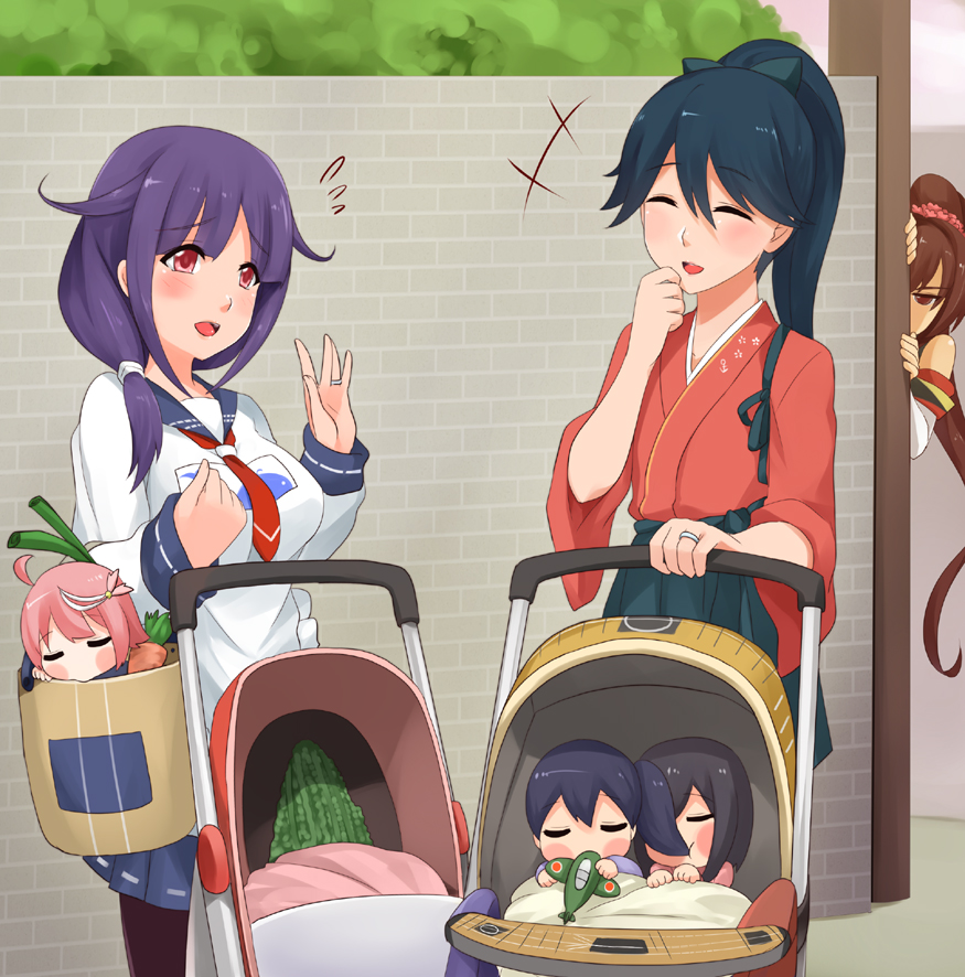 +++ 6+girls :d ^_^ adapted_object akagi_(kantai_collection) baby bag bitter_melon black_hair brown_hair carrot closed_eyes darkmaya eating_hair flight_deck flying_sweatdrops groceries hair_ornament high_ponytail houshou_(kantai_collection) i-58_(kantai_collection) japanese_clothes jewelry kaga_(kantai_collection) kantai_collection long_hair long_sleeves multiple_girls open_mouth pantyhose peeking_out ponytail purple_hair redhead ring short_hair side_ponytail smile spring_onion stalking stroller taigei_(kantai_collection) toy_airplane under_covers wedding_band wide_sleeves yamato_(kantai_collection) you're_doing_it_wrong younger