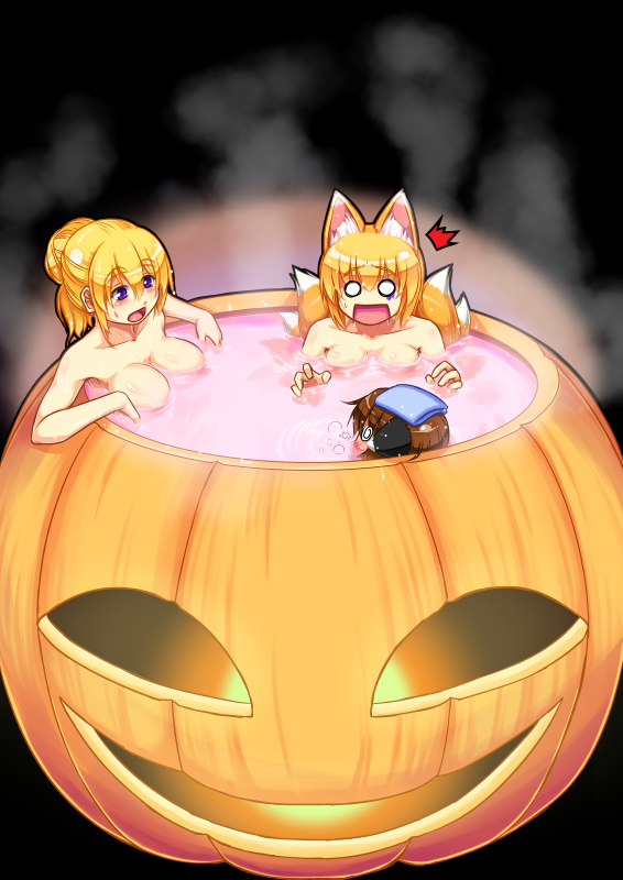 3girls animal_ears asphyxiation bathing blonde_hair blush breasts brown_hair cat_ears chen commentary_request drowning eyebrows eyebrows_visible_through_hair fox_ears fox_tail full-face_blush hair_bun hair_up halloween jack-o'-lantern kagelantern large_breasts looking_at_another multiple_girls multiple_tails open_mouth pink_water ripples scared shiny shiny_skin short_hair solid_circle_eyes steam sweatdrop tail touhou towel towel_on_head violet_eyes yakumo_ran yakumo_yukari
