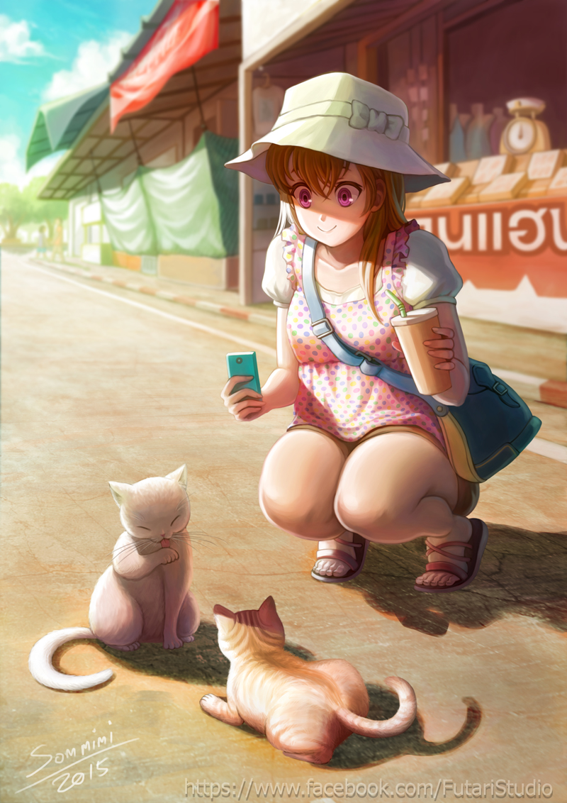 1girl 2015 :&gt; awning bag bangs bare_legs bendy_straw blouse bow brown_hair cat cellphone collarbone cup drinking_straw handbag hat hat_bow hat_ribbon holding_cup holding_phone long_hair looking_down original outdoors phone polka_dot polka_dot_blouse puffy_short_sleeves puffy_sleeves ribbon road sandals shadow short_shorts short_sleeves shorts shoulder_bag signature sky smile solo sommimi squatting sun_hat sunlight taking_picture violet_eyes watermark web_address weighing_scale