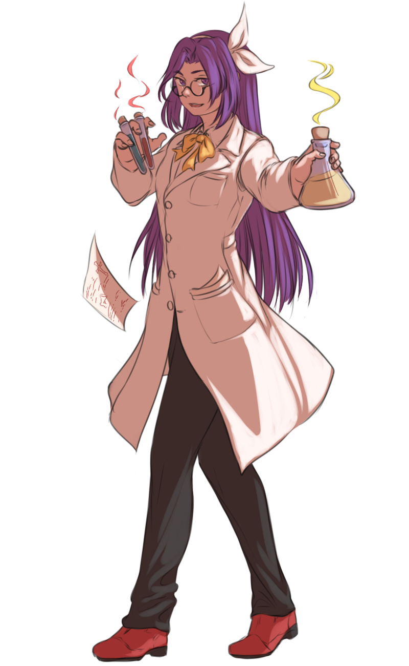 1girl asakura_rikako black_pants bowtie chemistry erlenmeyer_flask flask full_body glasses hair_ribbon highres holding labcoat long_hair long_sleeves looking_at_viewer mefomefo pants paper parted_lips purple_hair red_shoes ribbon round_glasses scientist semi-rimless_glasses shoes simple_background smirk solo stance standing test_tube touhou touhou_(pc-98) under-rim_glasses violet_eyes white_background yellow_bowtie