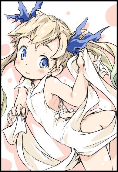 1girl apron apron_lift arched_back ass bangs bare_shoulders black_border blonde_hair blue_eyes blush border from_behind granblue_fantasy hair_ornament ham_(points) io_(granblue_fantasy) leaning_forward long_hair looking_away looking_back looking_to_the_side naked_apron smile solo twintails twisted_torso