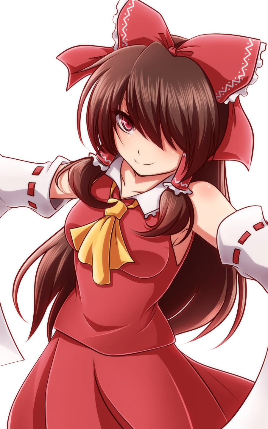 1girl ascot bow brown_hair detached_sleeves hair_bow hair_over_one_eye hair_tubes hakurei_reimu highres long_hair looking_at_viewer one_eye_covered outstretched_arms red_eyes smile spread_arms tottsuman touhou white_background