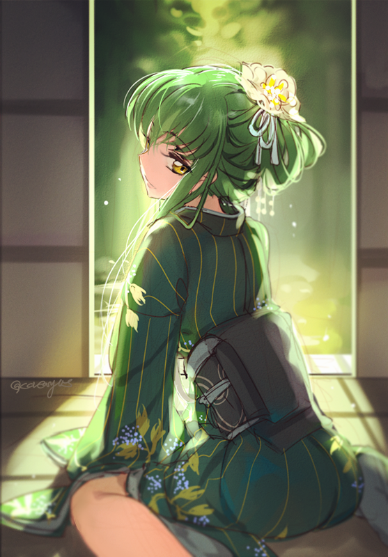 1girl alternate_hairstyle arm_support bangs c.c. code_geass creayus doorway dress flower green_dress green_hair hair_flower hair_ornament japanese_clothes kanzashi kimono light_particles light_smile long_hair long_sleeves looking_at_viewer looking_back nape obi revision sash sitting solo striped tabi tatami twitter_username wariza wide_sleeves yellow_eyes