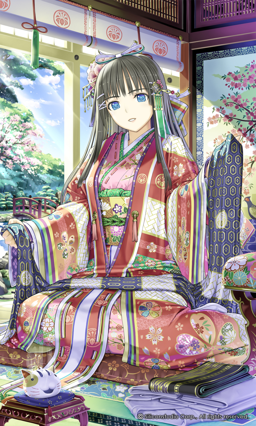 1girl bangs black_hair blue_eyes bridge cherry_blossoms fabric gyakushuu_no_fantasica hair_ornament highres japanese_clothes kimono long_hair looking_at_viewer mosquito_coil nakabayashi_reimei obi sash smile solo tapestry