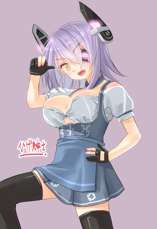 1girl black_legwear blush breasts cleavage collarbone dirndl eyepatch fang german_clothes gloves headgear kantai_collection large_breasts lavender_background looking_at_viewer oktoberfest open_mouth partly_fingerless_gloves purple_hair shinkun short_hair simple_background solo tenryuu_(kantai_collection) thigh-highs under_boob underbust yellow_eyes