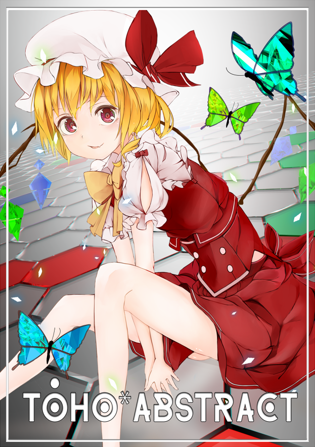 1girl adapted_costume blonde_hair butterfly copyright_name crystal dutch_angle fangs flandre_scarlet hat hat_ribbon looking_at_viewer mob_cap open_mouth puffy_sleeves radiosity_(yousei) red_eyes ribbon shirt short_hair short_sleeves side_ponytail sitting skirt skirt_set smile solo text touhou vest wings