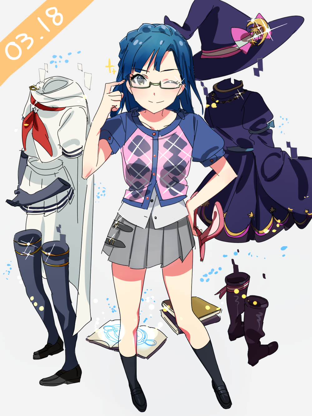 1girl bespectacled blue_hair boots cap costume glasses hat highres idolmaster idolmaster_million_live! looking_at_viewer nanao_yuriko one_eye_closed school_uniform smile solo witch_hat yellow_eyes yomosaka