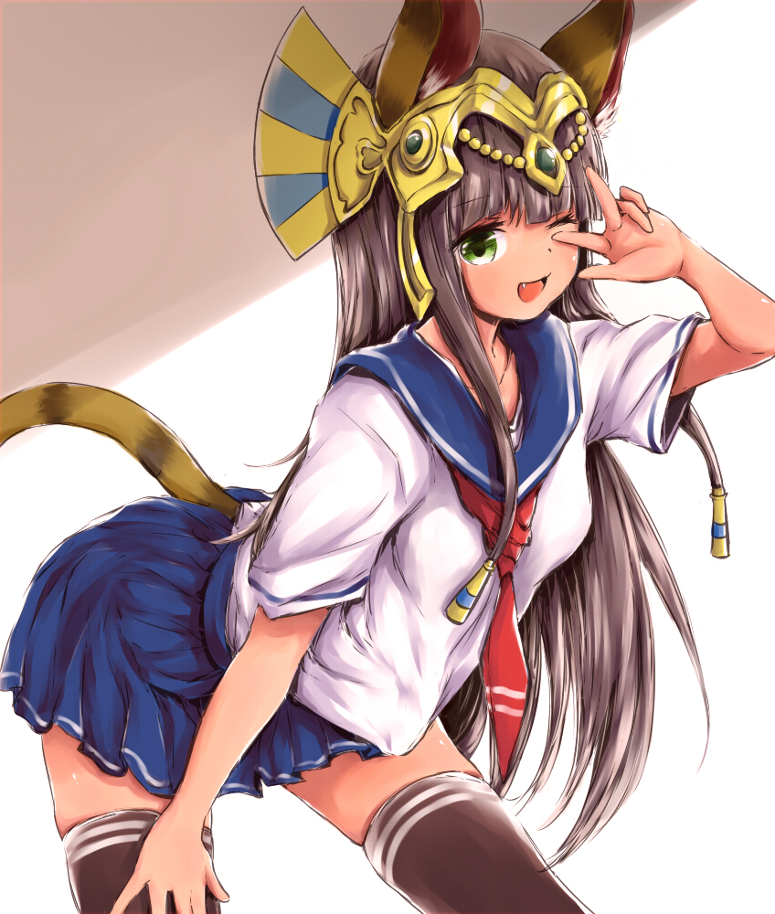 1girl ;d animal_ears bastet_(p&amp;d) black_legwear blush brown_hair cat_ears cat_tail dark_skin egyptian fang green_eyes jewelry long_hair looking_at_viewer one_eye_closed open_mouth pleated_skirt puzzle_&amp;_dragons school_uniform serafuku silver_(pixiv5594793) sketch skirt smile solo tail thigh-highs v w zettai_ryouiki