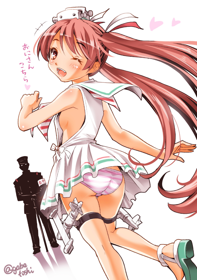 1boy 1girl admiral_(kantai_collection) armband ass bare_shoulders breasts cane dress hair_ornament kantai_collection libeccio_(kantai_collection) long_hair looking_at_viewer machinery one_eye_closed open_mouth panties pink_eyes pink_hair sideboob smile sogabe_toshinori striped striped_panties translation_request twintails underwear very_long_hair white_dress