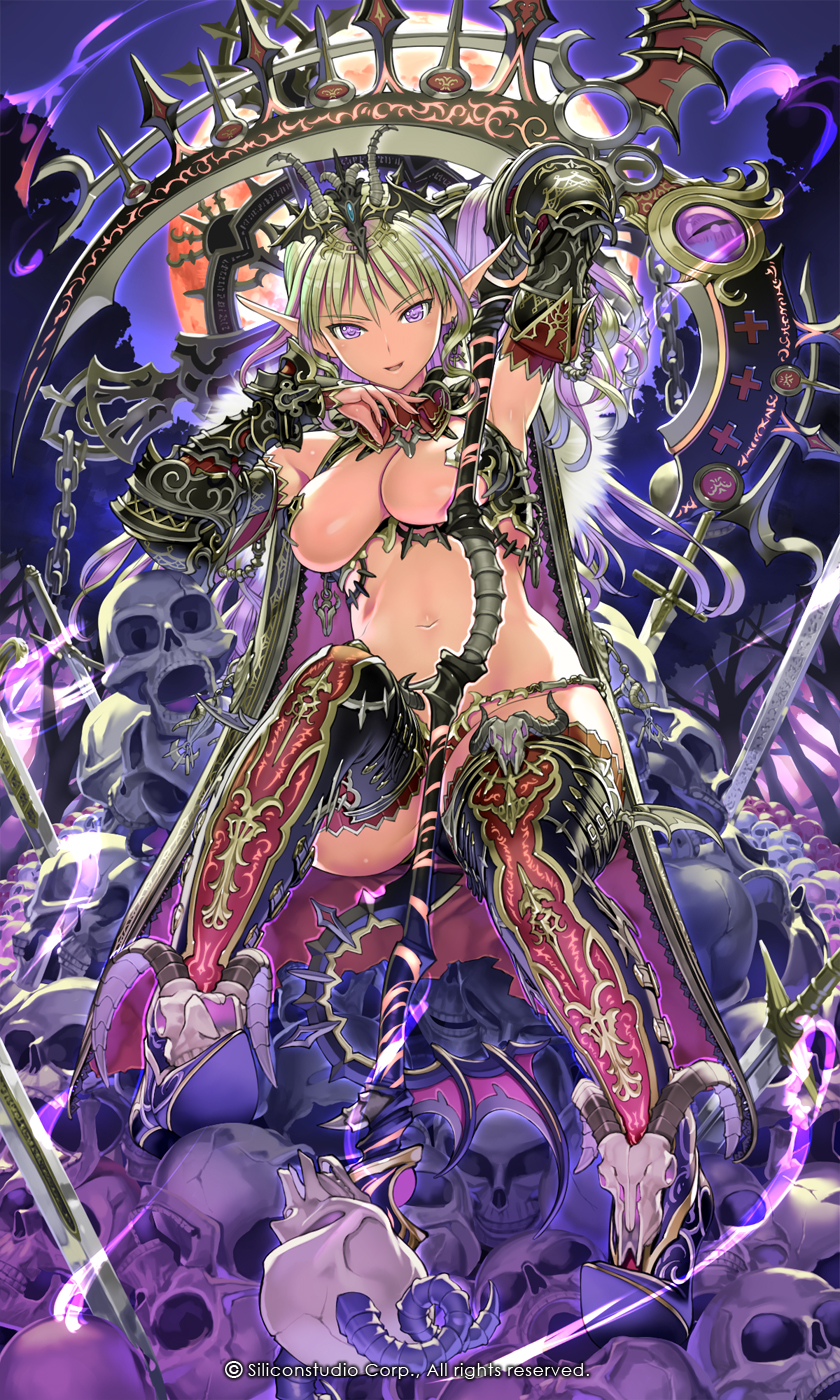 1girl animal_skull arm_up armor belt between_thighs blonde_hair breasts bridgeless_bra cape chain cross detached_collar detached_sleeves earrings full_body full_moon fur_trim gyakushuu_no_fantasica hair_tousle hand_in_hair high_heels highres holding_weapon horns jewelry long_hair looking_at_viewer moon multicolored_hair nakabayashi_reimei navel night night_sky pink_hair pointy_ears purple_hair purple_sky scythe sitting skull sky smile solo spine sword text thigh-highs violet_eyes weapon