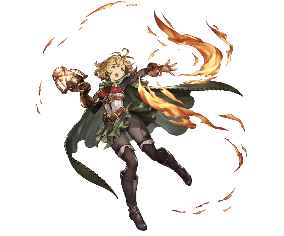 1girl belt blonde_hair boots cape earrings fire full_body gloves granblue_fantasy jewelry knee_boots minaba_hideo oil_lamp open_mouth shingeki_no_bahamut short_hair simple_background skirt solo teena_(granblue_fantasy) thigh-highs white_background