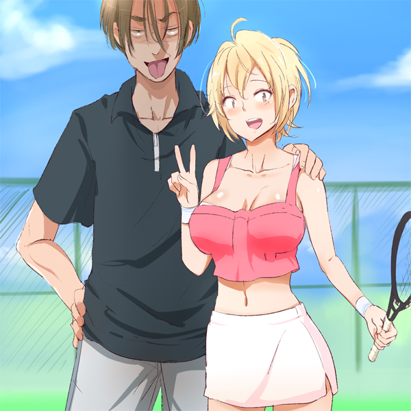 1boy 1girl :d :p ahoge baby_steps blonde_hair breasts brown_eyes character_request cheating collared_shirt fence hair_between_eyes hand_on_another's_shoulder hand_on_hip large_breasts midriff navel netorare open_mouth racket shirt shorts skirt smile special_g_(spg) takasaki_natsu tank_top tennis_racket tongue tongue_out wristband