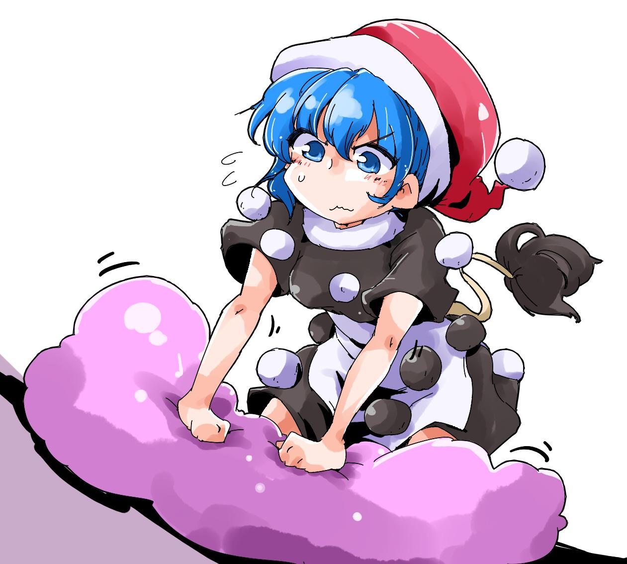 &gt;:3 1girl :3 blob blue_eyes blue_hair doremy_sweet dress frustrated hat kneading nightcap pom_pom_(clothes) shinapuu shirt short_hair skirt solo tail touhou wavy_mouth