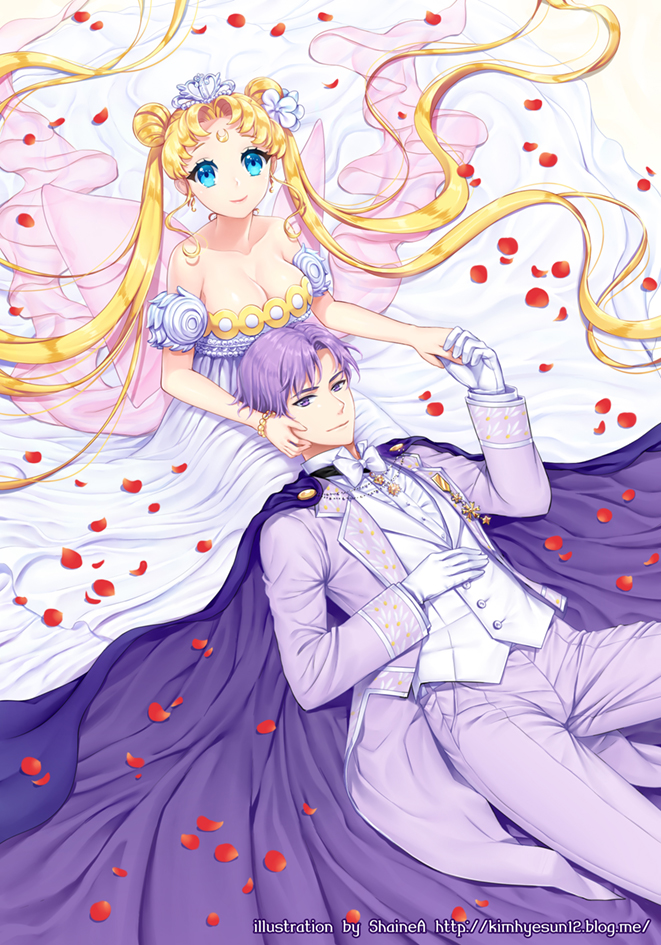 1boy 1girl artist_name bare_shoulders bishoujo_senshi_sailor_moon blonde_hair blue_eyes bow bowtie bracelet breasts cape chiba_mamoru cleavage couple crescent crown double_bun dress endymion facial_mark flower forehead_mark formal gloves hair_flower hair_ornament hetero holding_hands jewelry kneeling long_hair lying neo_queen_serenity pants petals pink_bow purple_hair rose_petals shainea smile strapless_dress suit tsukino_usagi twintails violet_eyes watermark web_address white_bow white_dress white_gloves