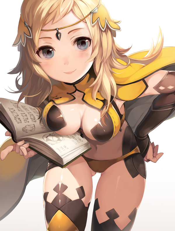 1girl black_gloves black_legwear blonde_hair blush book breasts bridal_gauntlets cape center_opening circlet cleavage commentary_request elbow_gloves fire_emblem fire_emblem_if gloves hand_on_hip leaning_forward long_hair looking_at_viewer navel ophelia_(fire_emblem_if) riku_(wana) smile solo thigh-highs