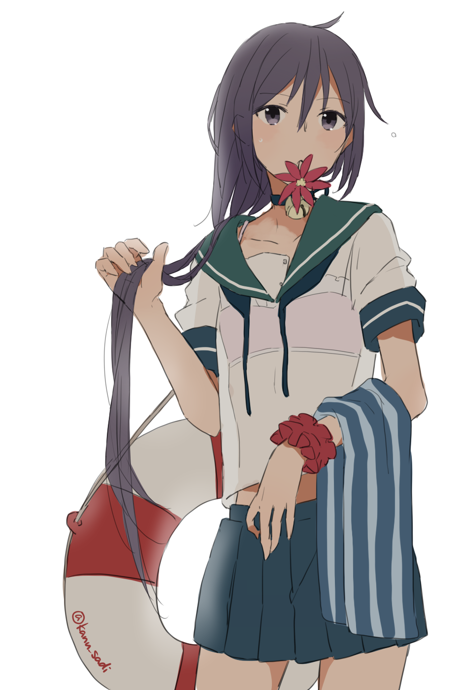 1girl adjusting_hair akebono_(kantai_collection) bell bell_choker choker cowboy_shot flower hair_down hair_ornament_removed highres jingle_bell kantai_collection kanu_sadi lifebuoy long_hair looking_at_viewer mouth_hold purple_hair school_uniform see-through serafuku simple_background skirt solo striped swimsuit swimsuit_under_clothes towel twitter_username untied very_long_hair violet_eyes wet wet_clothes white_background