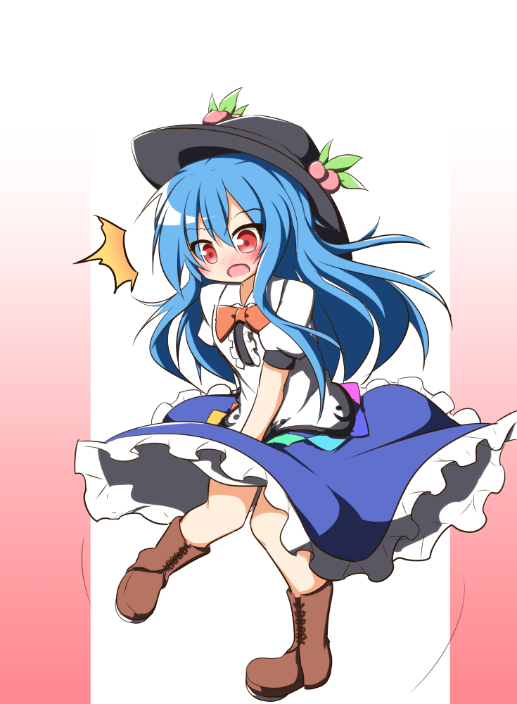 /\/\/\ 1girl blue_hair blush boots commentary_request date_pun dress_shirt food food_on_head fruit fruit_on_head hat hinanawi_tenshi knee_boots knees_together_feet_apart layered_skirt long_skirt number_pun object_on_head peach red_eyes senba_chidori shirt skirt skirt_lift solo surprised touhou upskirt wind_lift