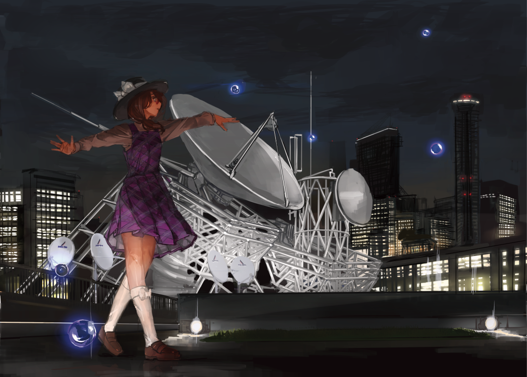 1girl arms_at_sides black_hat bow brown_hair brown_shoes building city commentary_request diagonal_stripes dress facing_away glasses hat hat_ribbon itobek kneehighs lamp loafers long_sleeves low_twintails night night_sky occult_ball orb outdoors outstretched_arms purple_dress radio_antenna ribbon rooftop satellite_dish school_uniform shoes short_hair sky skyline solo spread_arms standing striped striped_dress touhou twintails usami_sumireko walking white_legwear white_ribbon