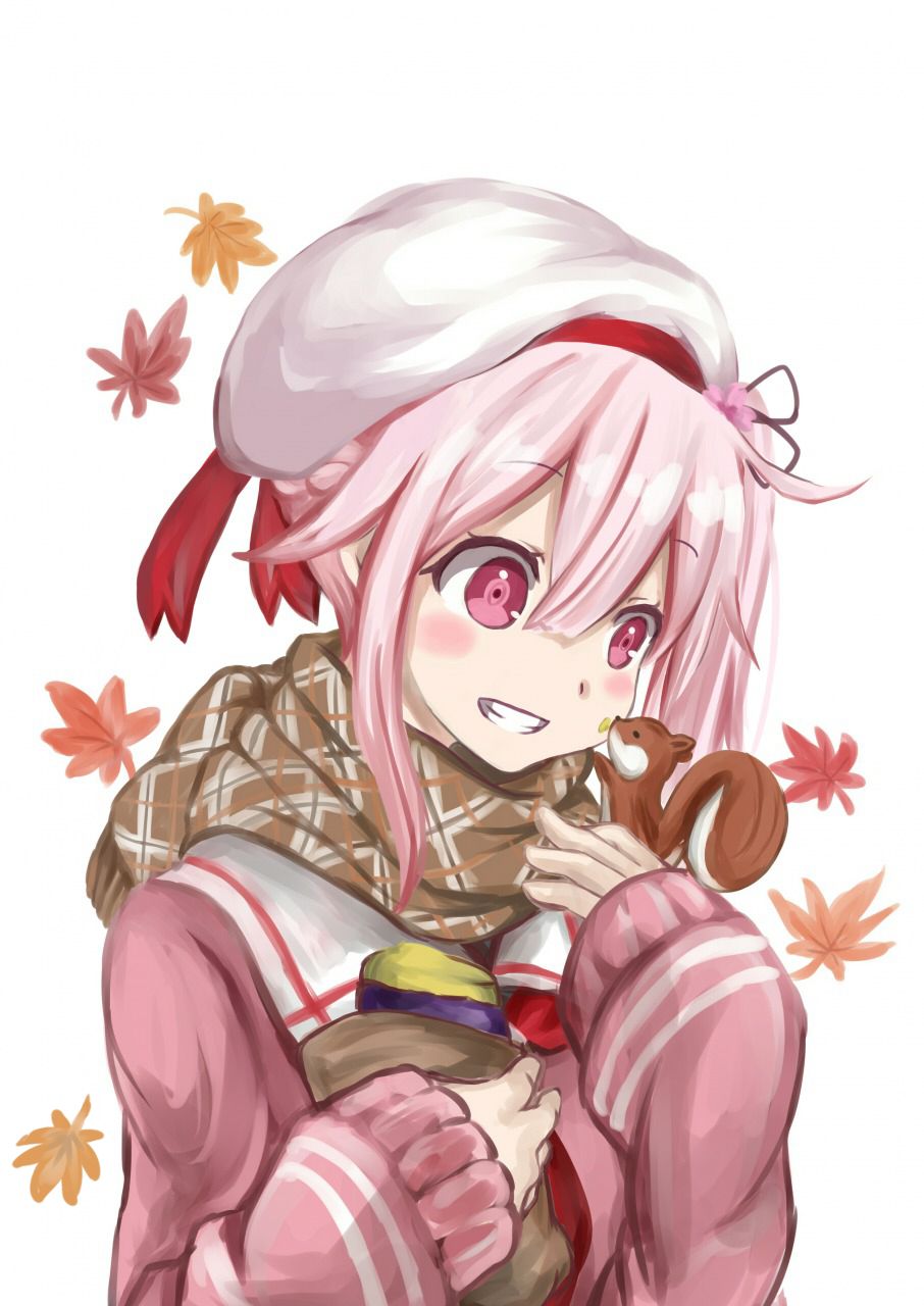 1girl autumn_leaves beret blush brown_scarf cardigan flower food grin hair_flower hair_ornament harusame_(kantai_collection) hat highres kantai_collection koyori-018 pink_eyes pink_hair scarf school_uniform side_ponytail simple_background sleeves_past_wrists smile squirrel sweet_potato upper_body white_background