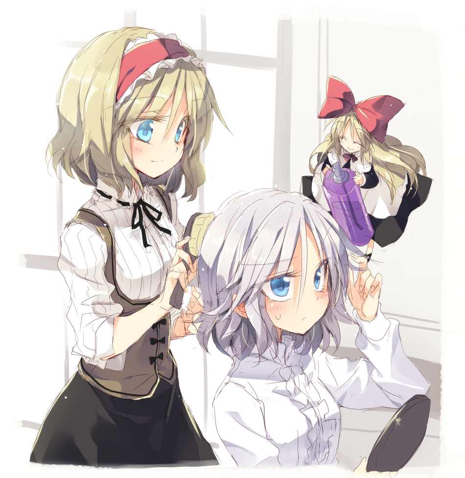 2girls alice_margatroid alternate_costume blonde_hair blue_eyes blush closed_eyes doll dress hair_brushing hair_ribbon hairband izayoi_sakuya long_hair long_sleeves looking_up mirror multiple_girls ribbon satou_kibi shanghai_doll short_hair silver_hair smile sweatdrop touhou underbust upper_body