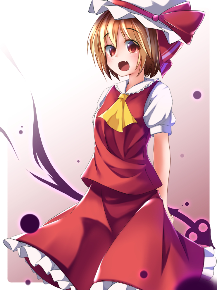 1girl ascot blonde_hair fang flandre_scarlet flandre_scarlet_(cosplay) hair_ribbon hat hat_ribbon laevatein mob_cap open_mouth pokio puffy_short_sleeves puffy_sleeves red_eyes ribbon rumia shirt short_sleeves skirt solo touhou vest