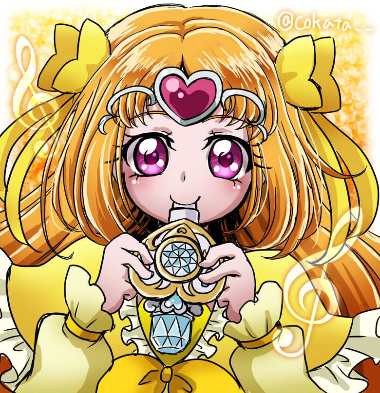 1girl blowing bow brooch circlet cokata cure_muse_(yellow) frills hair_bow heart jewelry long_hair magical_girl orange_hair pink_eyes precure shirabe_ako smile solo suite_precure treble_clef twitter_username upper_body yellow_background yellow_bow