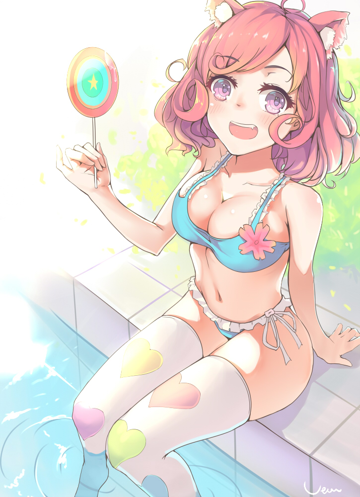 1girl :d ahoge animal_ears arm_support bangs bikini blush candy cat_ears frills heart_print kofuku lollipop looking_at_viewer no_shoes noragami open_mouth pink_hair pinky_out saliva short_hair signature sitting smile soaking_feet solo swimsuit thigh-highs uta_(pixiv) violet_eyes white_legwear