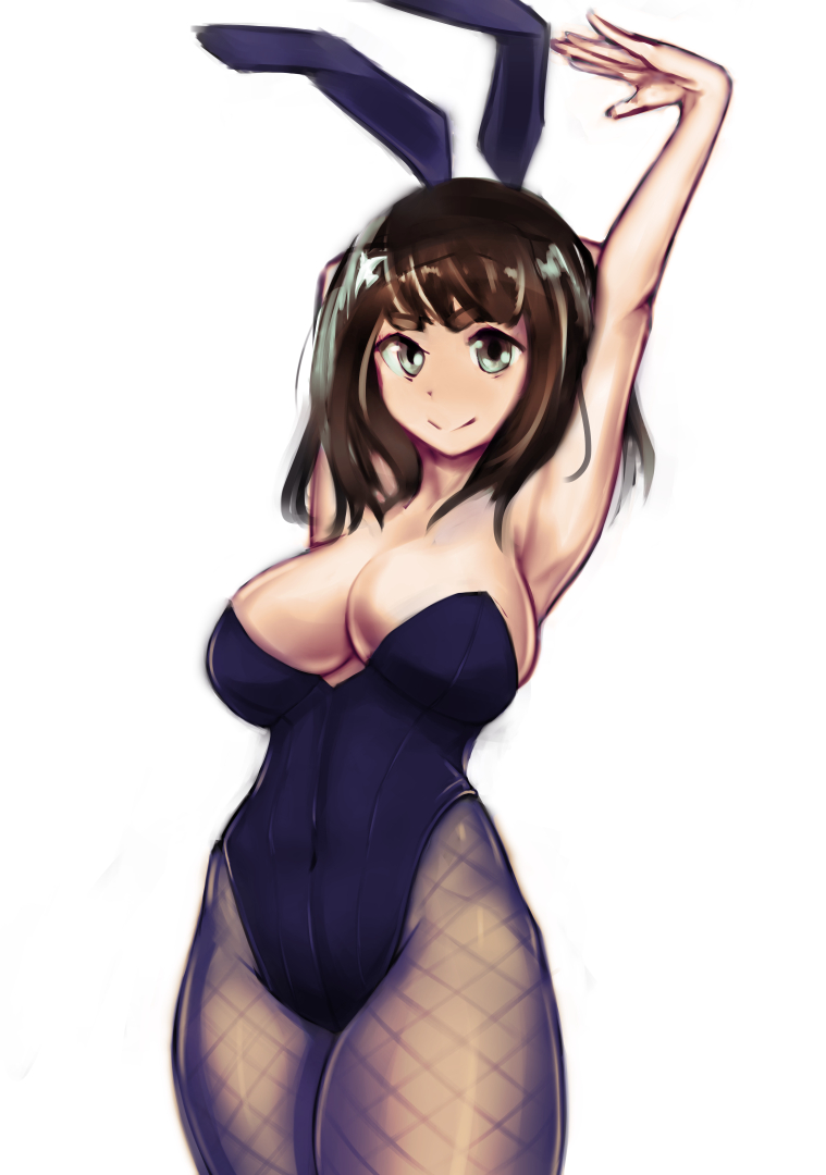 1girl animal_ears arms_up bare_shoulders blush breasts brown_eyes brown_hair bunny_girl bunnysuit cleavage drawfag female fishnet_pantyhose fishnets gatchaman_crowds hair_ornament ichinose_hajime large_breasts pantyhose rabbit_ears short_hair simple_background smile solo white_background