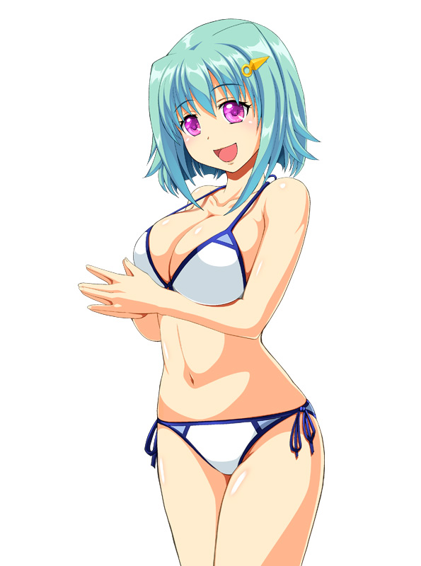 1girl :d bikini breasts green_hair hair_ornament hands_clasped large_breasts looking_at_viewer open_mouth original short_hair side-tie_bikini smile solo strap_gap swimsuit violet_eyes white_background whitemoor