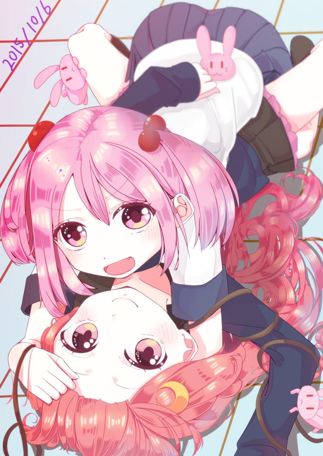 2girls crescent_hair_ornament dated fang forehead hair_bobbles hair_ornament highres hug kantai_collection long_hair long_sleeves looking_at_viewer looking_back lying lying_on_person multiple_girls on_back open_mouth pink_eyes pink_hair potter_(yamaomoteirineko) red_eyes redhead sazanami_(kantai_collection) school_uniform serafuku skirt smile socks spread_legs twintails uzuki_(kantai_collection)