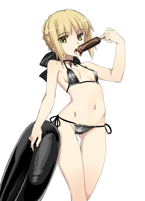 1girl bare_shoulders bikini black_bikini blonde_hair bow breasts eating fate/stay_night fate_(series) hair_bow innertube jpeg_artifacts namonashi navel open_mouth popsicle saber saber_alter shiny shiny_clothes shiny_hair short_hair side-tie_bikini simple_background solo swimsuit white_background yellow_eyes