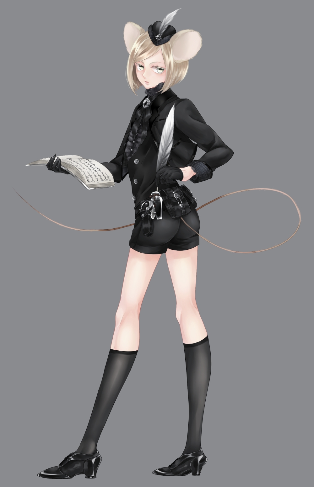 androgynous animal_ears artist_request ascot asymmetrical_bangs bangs black_footwear black_gloves black_legwear blonde_hair book feathers gloves green_eyes grey_background hat highres holding holding_book long_sleeves looking_at_viewer male_focus md5_mismatch mouse_ears original ribbon shoes short_hair shorts simple_background socks solo standing tail