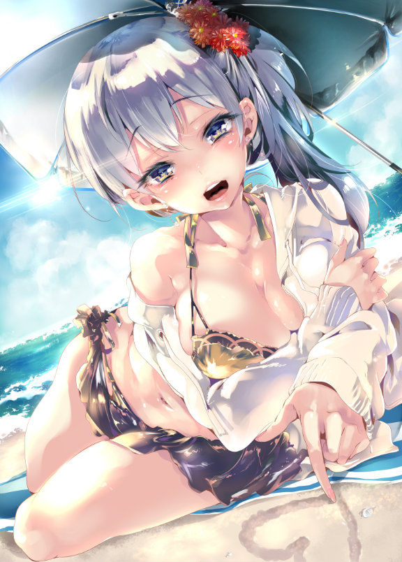 1girl beach bikini blush breasts brown_eyes cleavage clouds hair_ornament heart kamishiki long_hair looking_at_viewer lying navel ocean on_side open_mouth original ponytail round_teeth sand side_ponytail silver_hair sky solo swimsuit teeth water