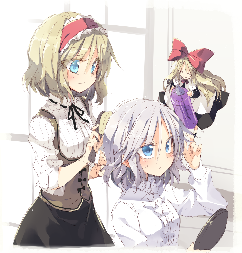 2girls alice_margatroid alternate_costume blonde_hair blue_eyes blush closed_eyes doll dress hair_brushing hair_ribbon hairband izayoi_sakuya long_hair long_sleeves looking_up mirror multiple_girls ribbon satou_kibi shanghai_doll short_hair silver_hair smile sweatdrop touhou underbust upper_body