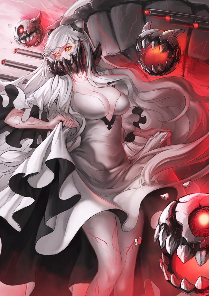 1girl breasts cleavage covered_mouth cowboy_shot dress glowing glowing_eyes horns kantai_collection large_breasts long_hair looking_at_viewer looking_to_the_side midway_hime orange_eyes shinkaisei-kan skirt_hold solo sturmjager veins very_long_hair white_dress white_hair white_skin