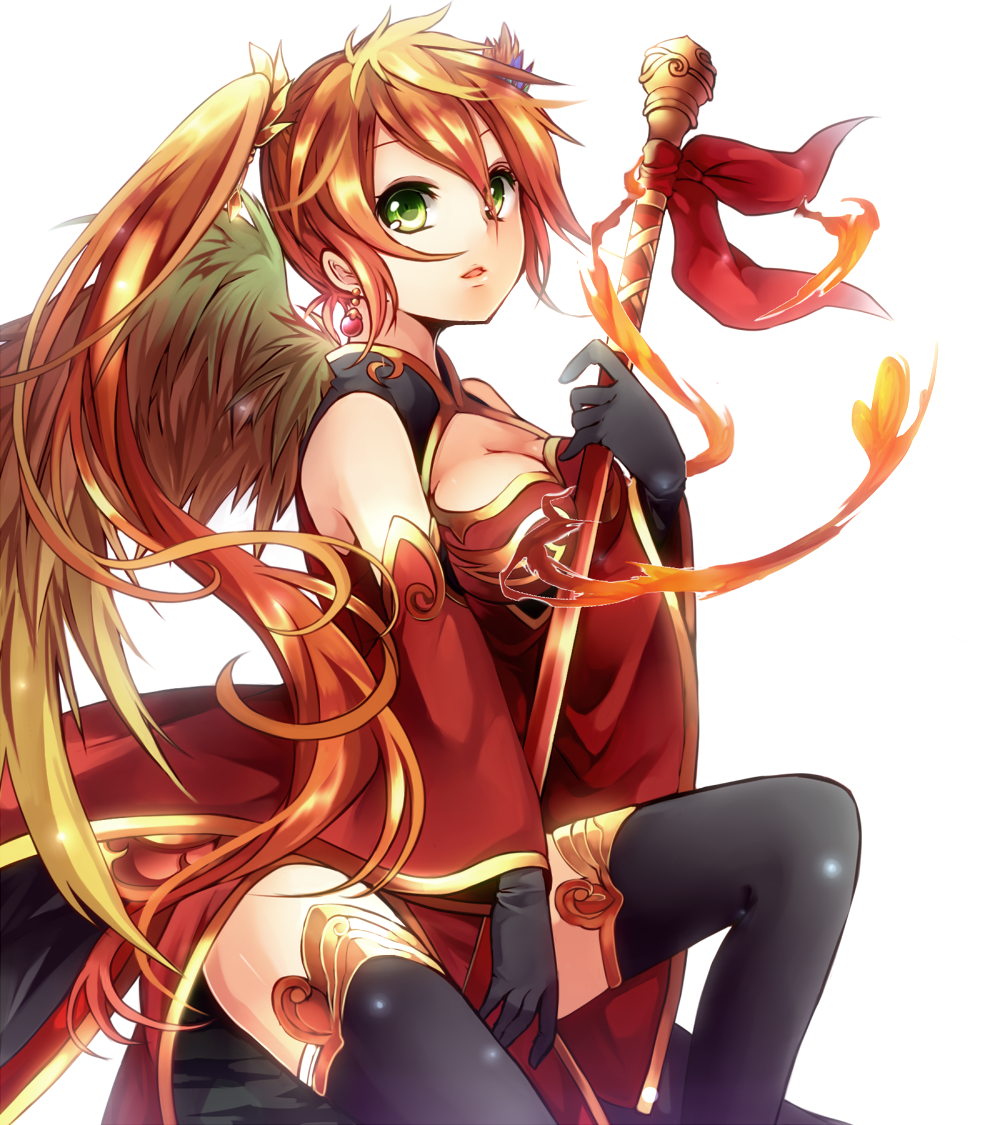 1girl between_thighs black_gloves black_legwear detached_sleeves dress earrings feathered_wings gloves green_eyes hair_ornament holding_weapon jewelry kanataww leiran_(p&amp;d) long_hair orange_hair puzzle_&amp;_dragons red_dress red_ribbon ribbon side_ponytail simple_background solo thigh-highs weapon white_background wings