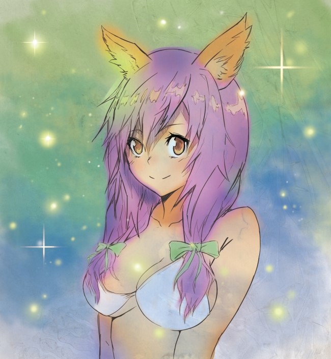 1girl animal_ears bare_shoulders bikini bikini_top bow breasts brown_eyes character_request cleavage copyright_request hair_bow honeyyun long_hair purple_hair smile solo swimsuit twintails white_bikini white_swimsuit