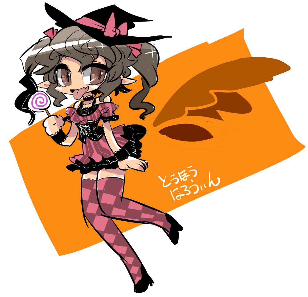 1girl alternate_costume brown_hair candy checkered halloween_costume hat himekaidou_hatate lollipop long_hair pointy_ears ribbon skirt solo tongue tongue_out touhou twintails witch_hat yt_(wai-tei)