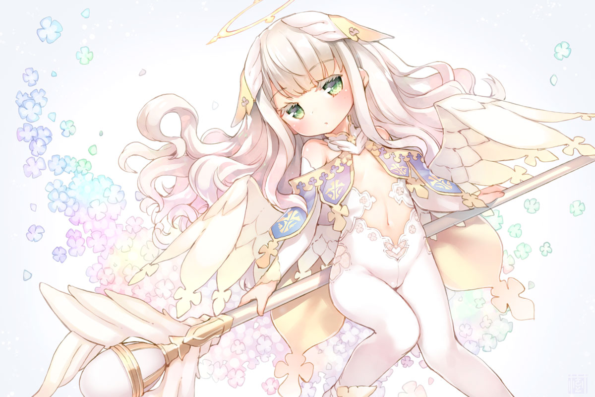 1girl angel angel_wings bare_shoulders blush bridal_gauntlets detached_collar green_eyes halo head_wings kito_(sorahate) long_hair looking_at_viewer navel original pantyhose silver_hair small_breasts solo staff white_legwear white_wings wings