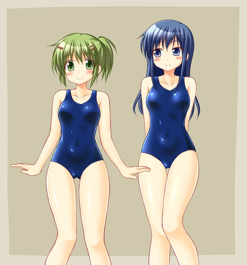 2girls arms_behind_back blue_eyes blue_hair blush breasts covered_navel green_eyes green_hair hidamari_sketch long_hair looking_at_viewer mami_(hidamari_sketch) multiple_girls nakayama_(hidamari_sketch) new_school_swimsuit one-piece_swimsuit short_hair smile swimsuit utomo